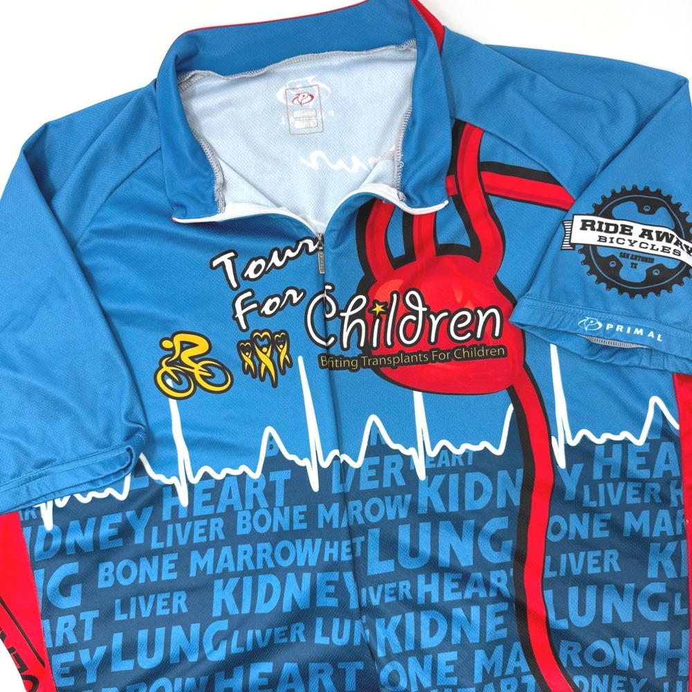 Primal Wear Mens XXL Tour For Children Cycling Jersey Blue Red Short Sleeve Zip